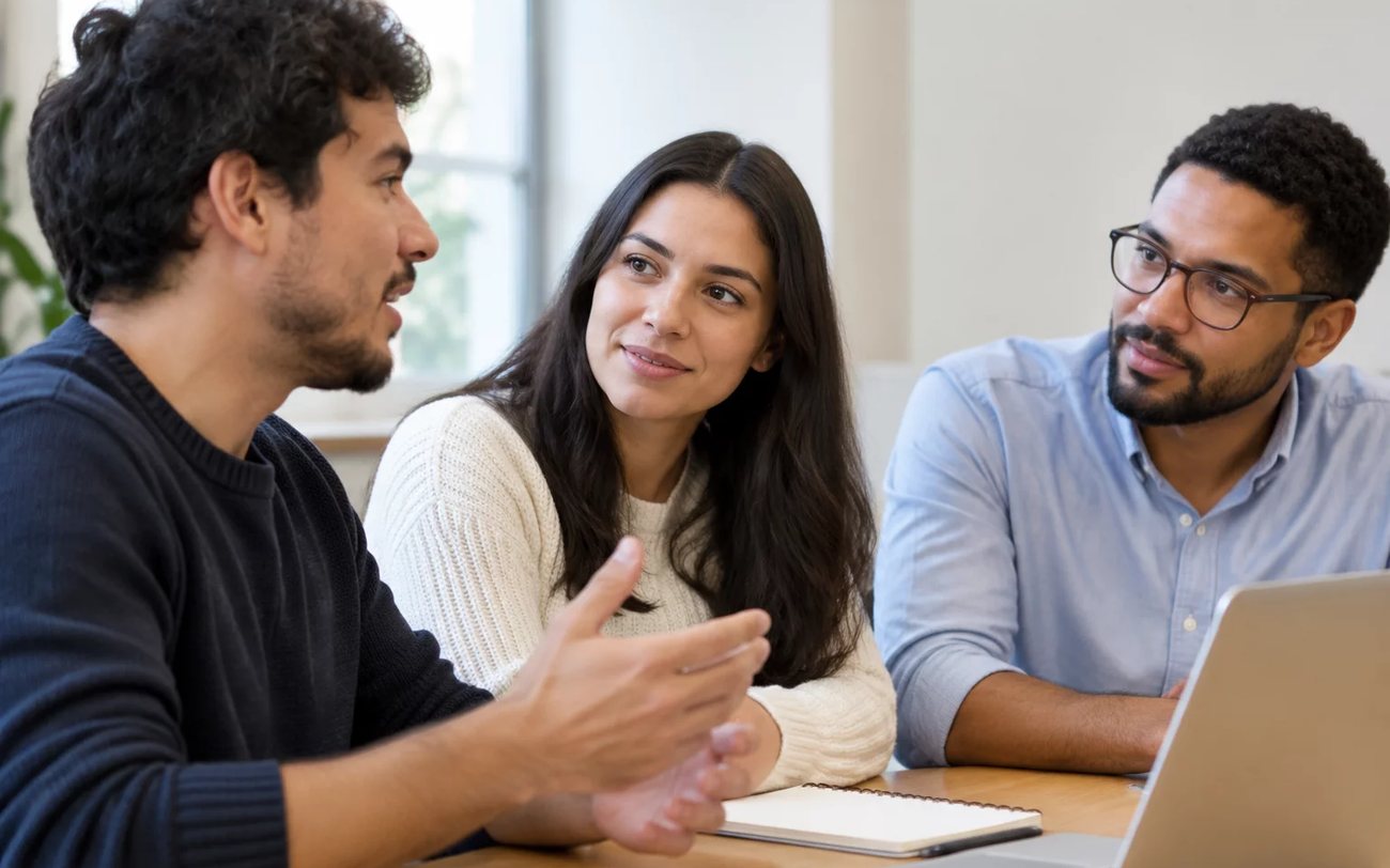 Roda de conversa numa sala clara, com uma pessoa expondo o ponto e duas escutando