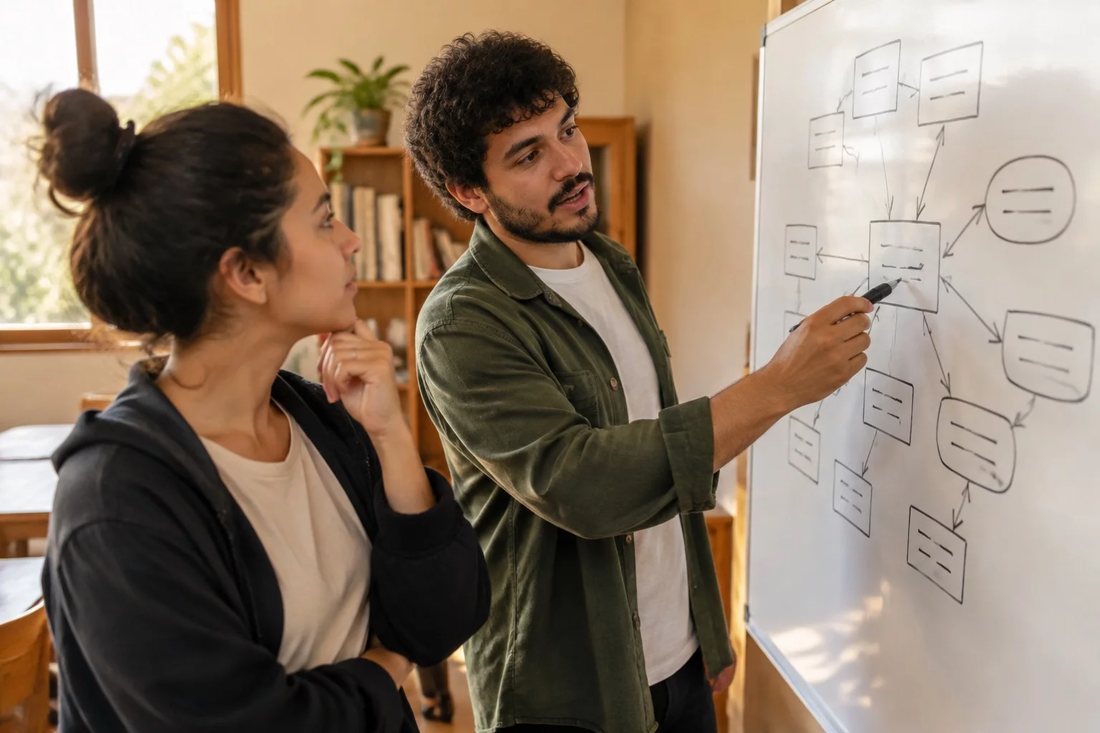 Facilitadora aponta para um mapa de argumento desenhado no quadro branco enquanto um participante acompanha
